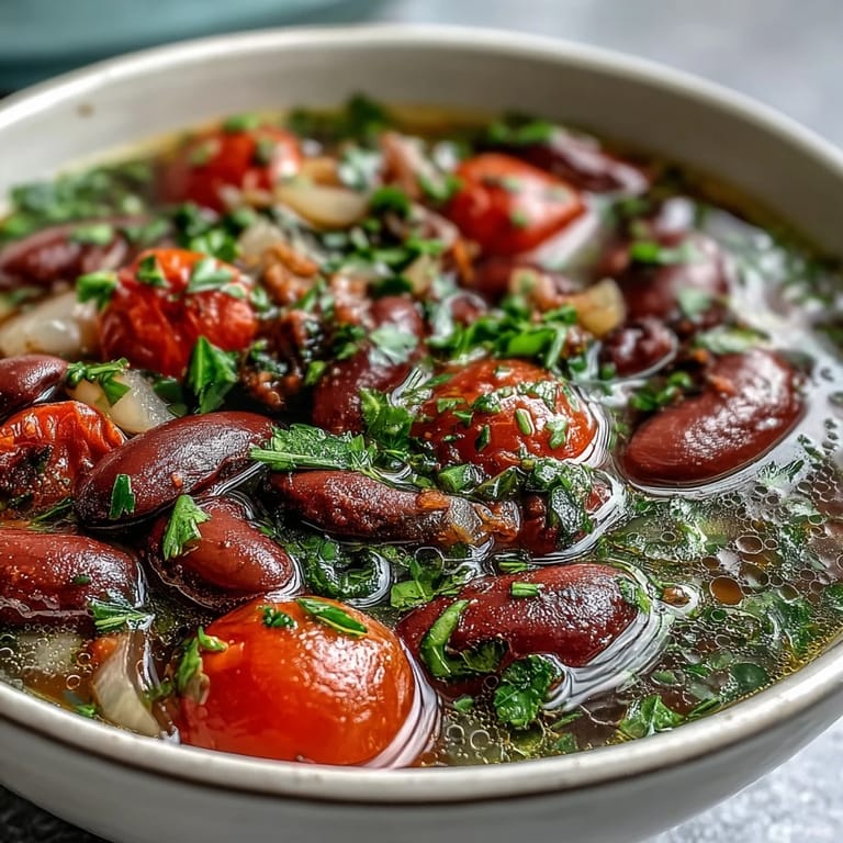 Hearty Three-Bean Salad Soup garnished with fresh parsley, served alongside crusty bread for dipping on a rustic wooden table.