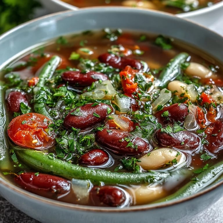Close-up of steaming Three-Bean Salad Soup featuring diced red bell pepper, celery, and a tangy red wine vinaigrette broth.