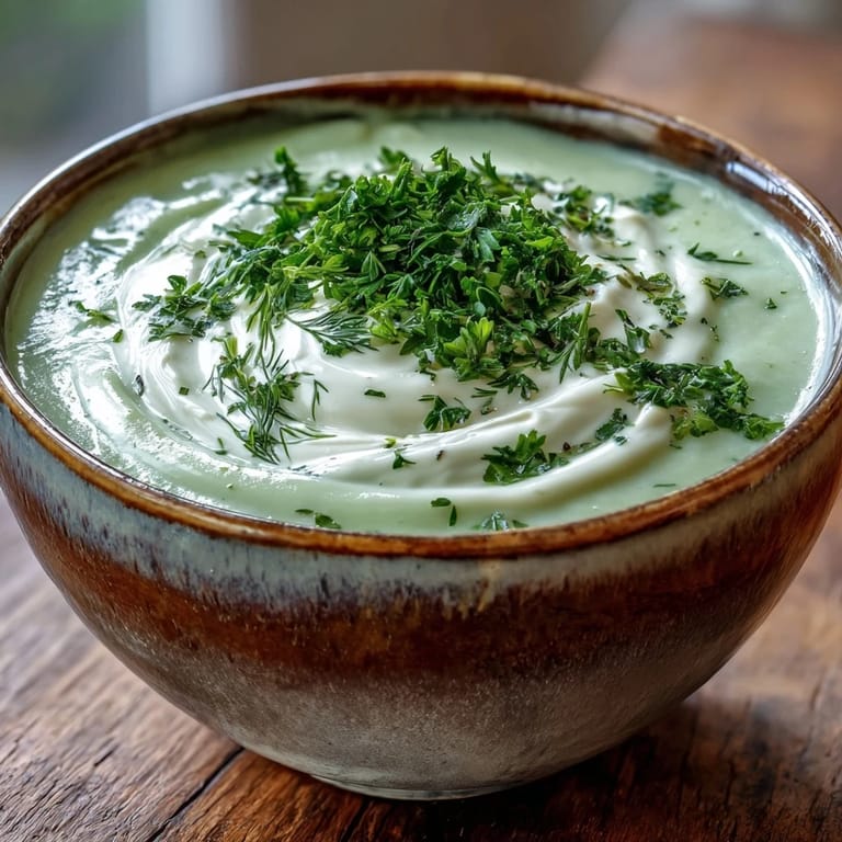 Immersion blender creating a creamy, pale green Creamy Celery and Herb Soup with fresh herbs and black pepper.