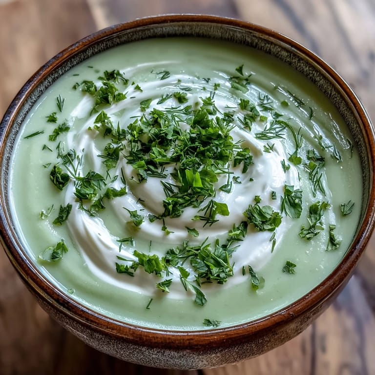 A silky-smooth Creamy Celery and Herb Soup served with a slice of toasted crusty bread for dipping.
