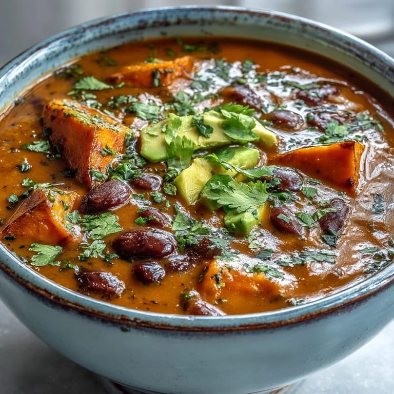 Close-up of sweet potato and black bean soup showing diced vegetables and black beans in a rich broth.
