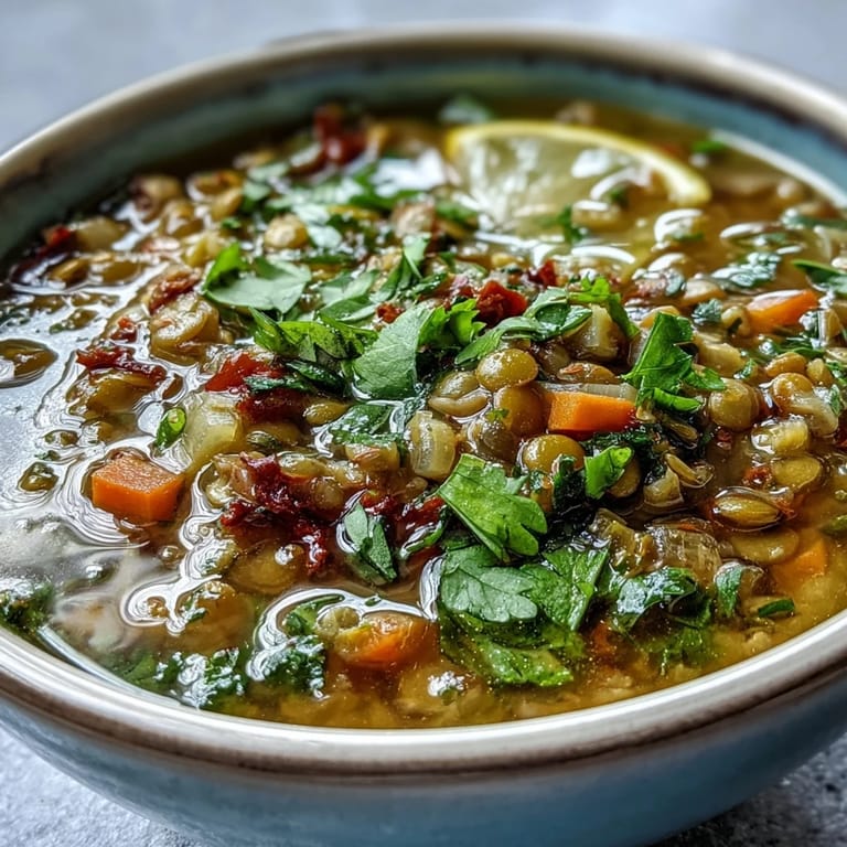 A ladle pours golden Mung Bean Soup into a rustic bowl, revealing tender beans and diced vegetables.