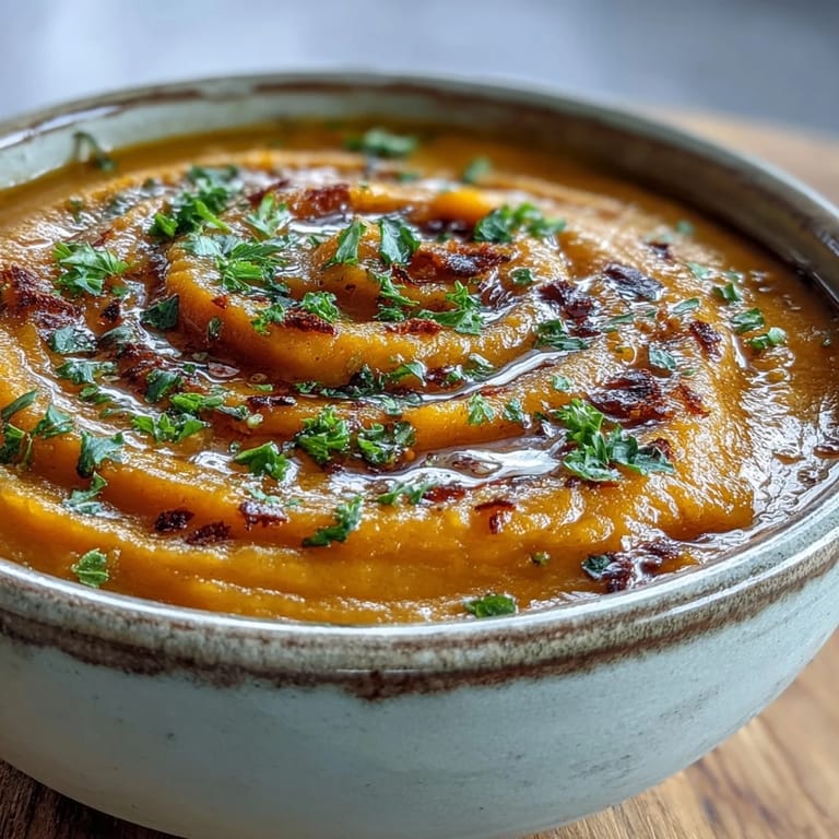 A pot of blended roasted vegetable soup on a stovetop, next to fresh herbs and vibrant roasted vegetable ingredients.