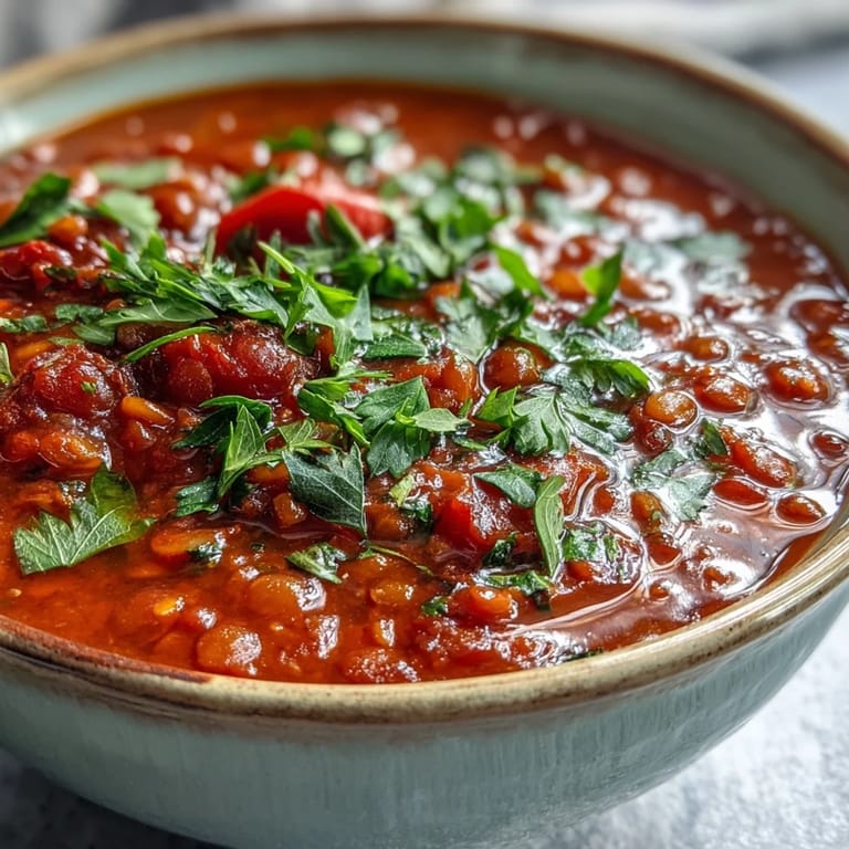 Homemade Tomato Lentil Soup with vibrant red broth and tender lentils, served hot.