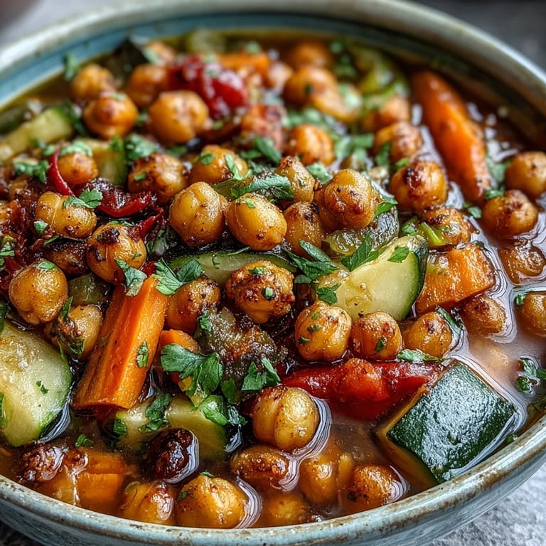 Healthy vegan Spiced Chickpea and Vegetable Soup in a rustic bowl, featuring colorful carrots and bell peppers, topped with crispy chickpeas and a lemon wedge.