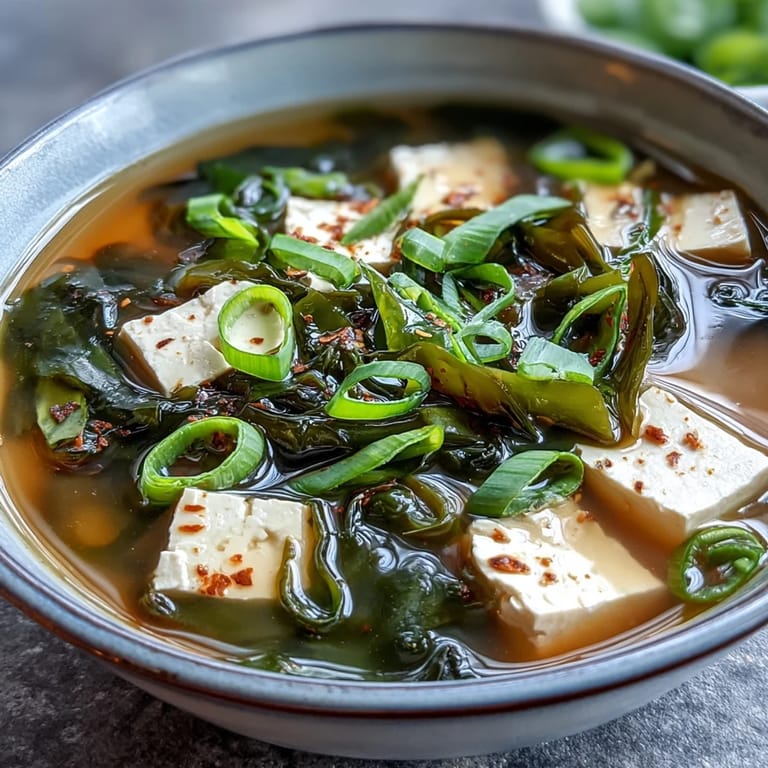 Warm miso soup with silken tofu and nourishing seaweed, a healthy meal.