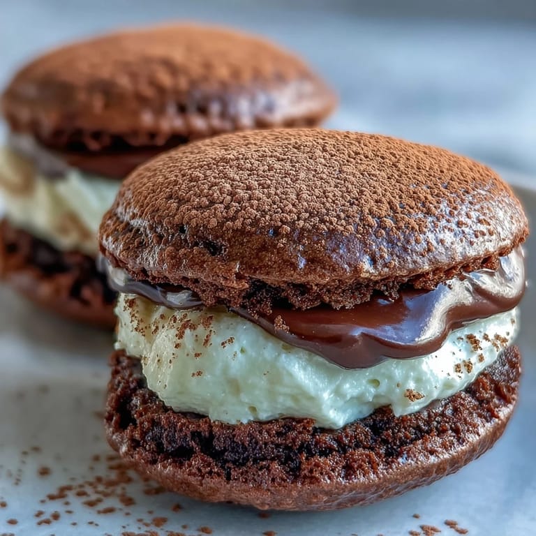 Tiramisu Whoopie Pies are stacked on a marble plate next to a hot espresso.
