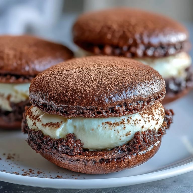 Rich coffee mascarpone filling is sandwiched between tender chocolate cookies in this Tiramisu Whoopie Pies recipe.