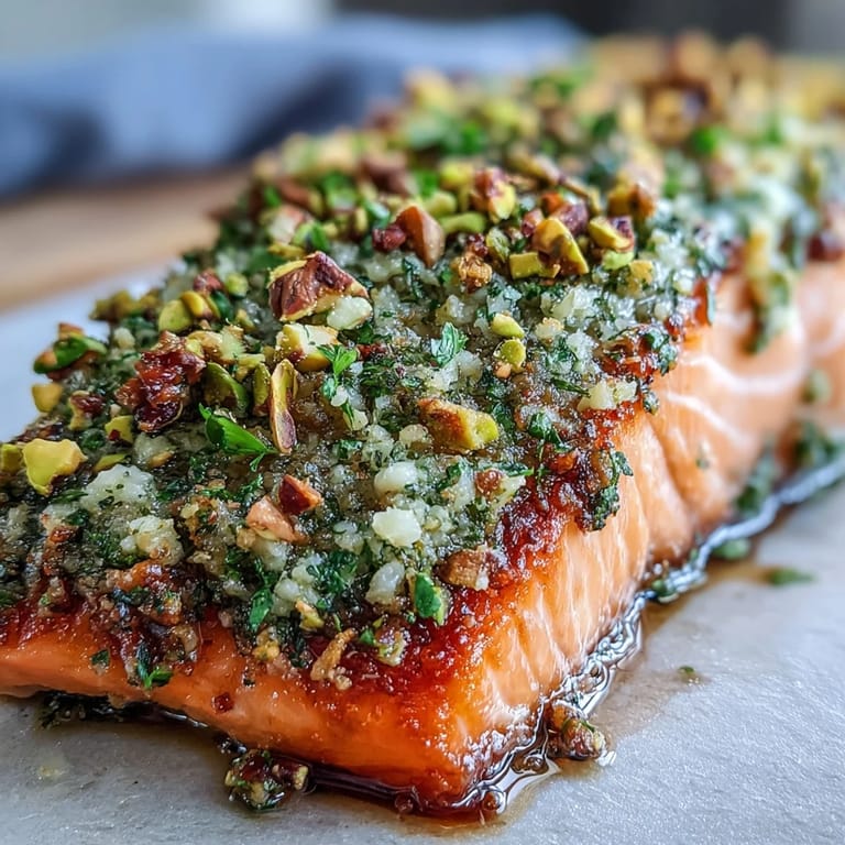 Confit Salmon With Tahini, Pistachio and Herb Crust glistening with olive oil, ready to serve with a crisp salad.