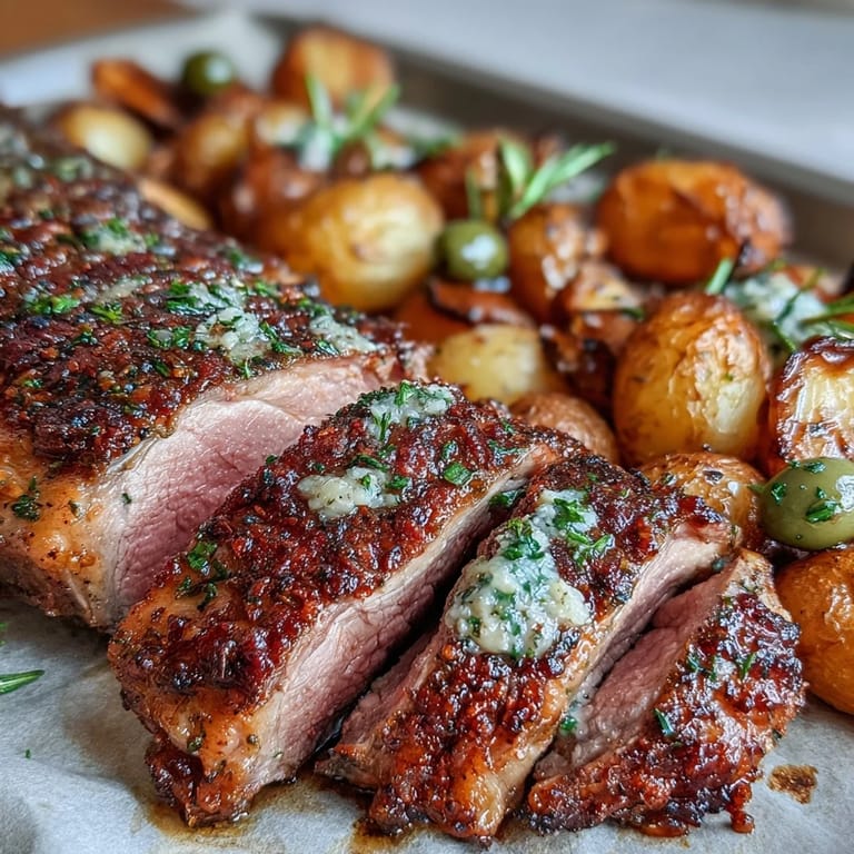 Succulent One-Pan Roast Rack of Lamb and Green Olive Potatoes resting on a baking tray, highlighting the crispy potato edges and vibrant Mediterranean olive topping.