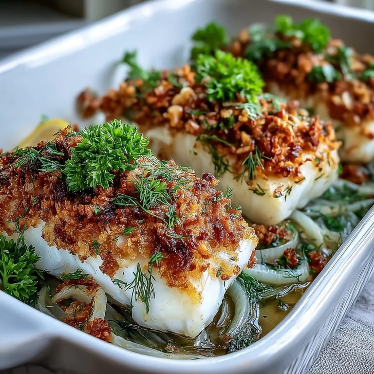 Deliciously baked halibut with fennel and a walnut pangrattato, served hot on a white ceramic platter.