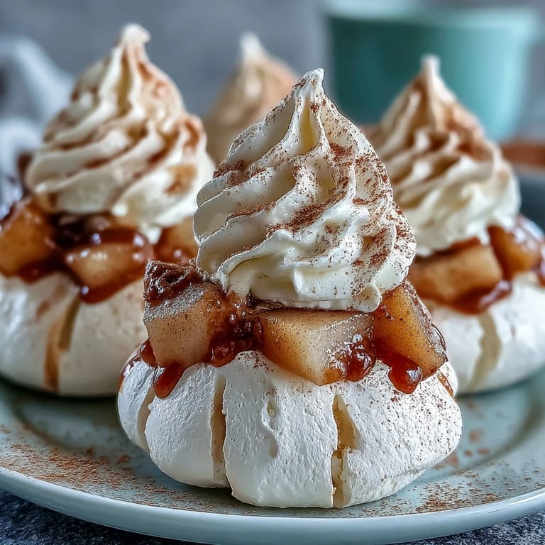 A close-up of Mini Hot Toddy Pavlovas featuring crisp meringue nests, whisky-soaked pears, and warm spices.