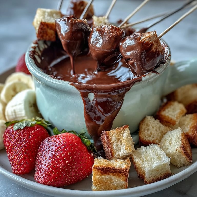 Warm Boozy Chocolate Fondue bubbling in a pot surrounded by fresh fruit dippers.