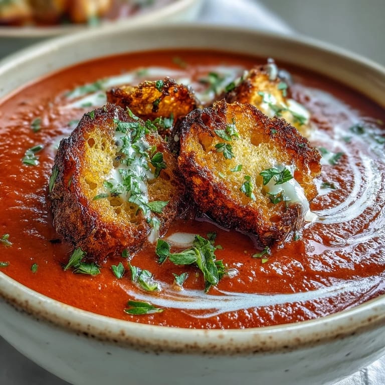Roasted red pepper soup topped with golden, crunchy croutons served alongside crusty artisan bread for dipping.