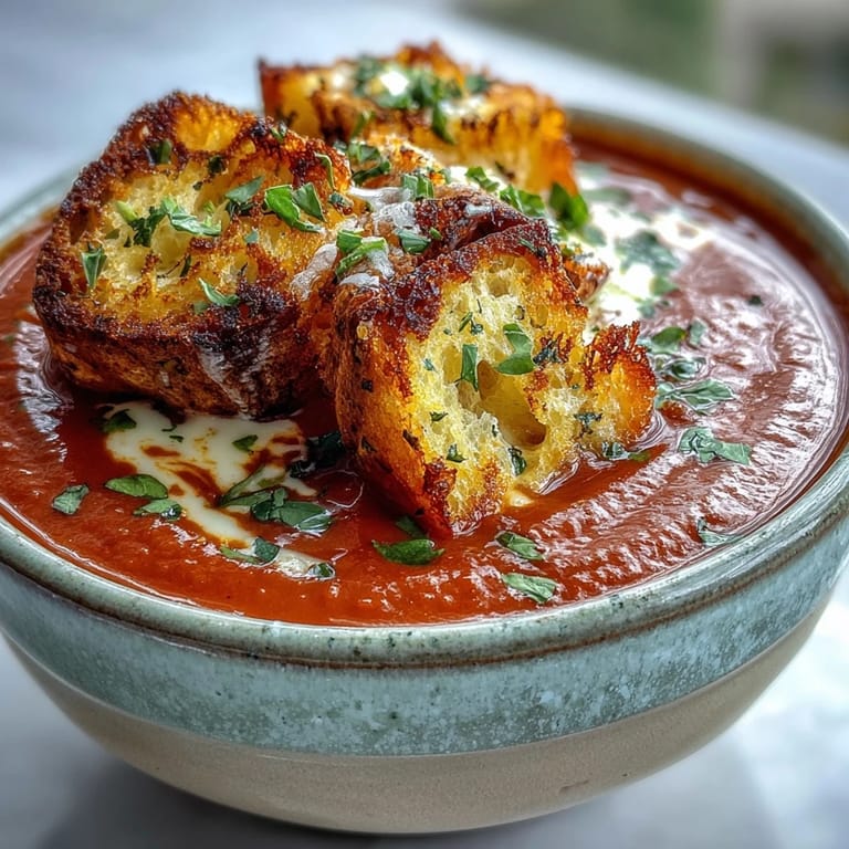 Vibrant roasted red pepper soup with crispy croutons, finished with a sprinkle of smoked paprika and parsley.