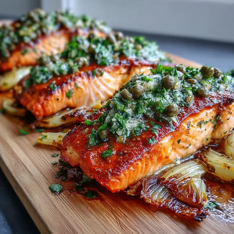 Flaky, tender salmon rests next to caramelized leeks and onions on a rustic baking sheet. The One-Pan Roast Salmon With Leeks, Onions, and Parsley Dressing features lemon slices and a bright green herb sauce.