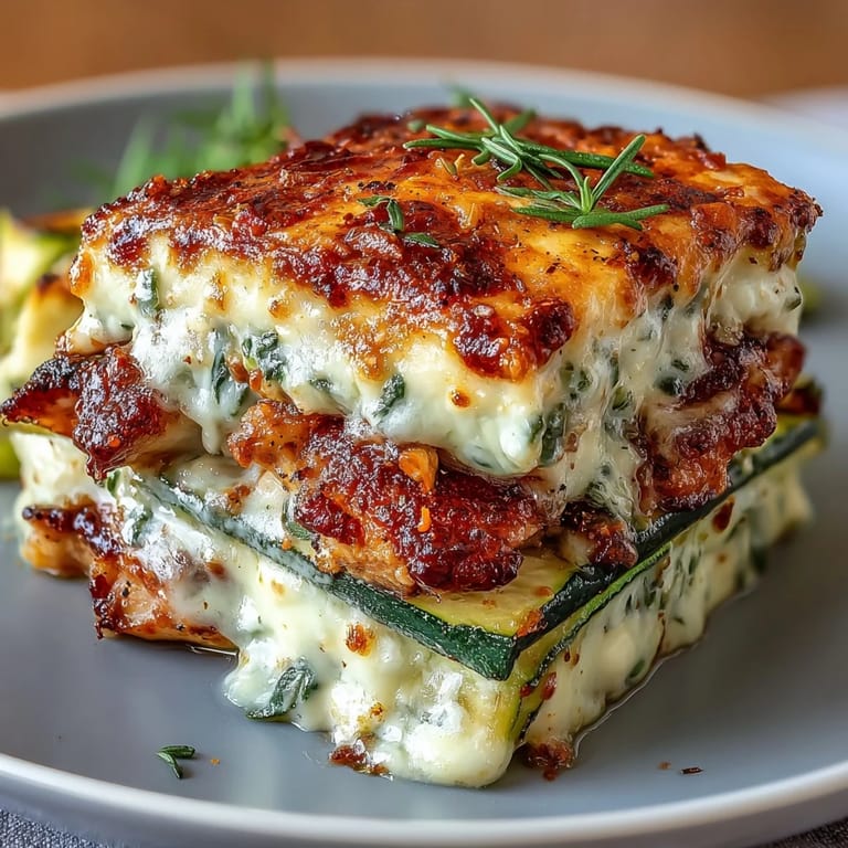 Sliced portion of High Protein Chicken Zucchini Bake on a white plate, garnished with fresh parsley and a side salad.