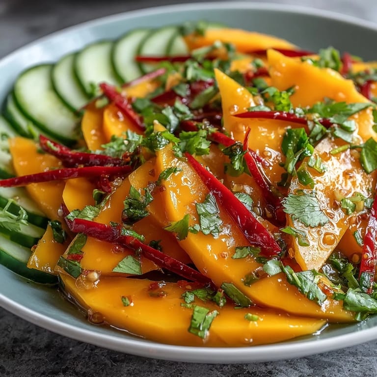 Vibrant gluten-free mango salad with cucumber slices and a drizzle of honey-lime dressing served in a rustic white bowl. 