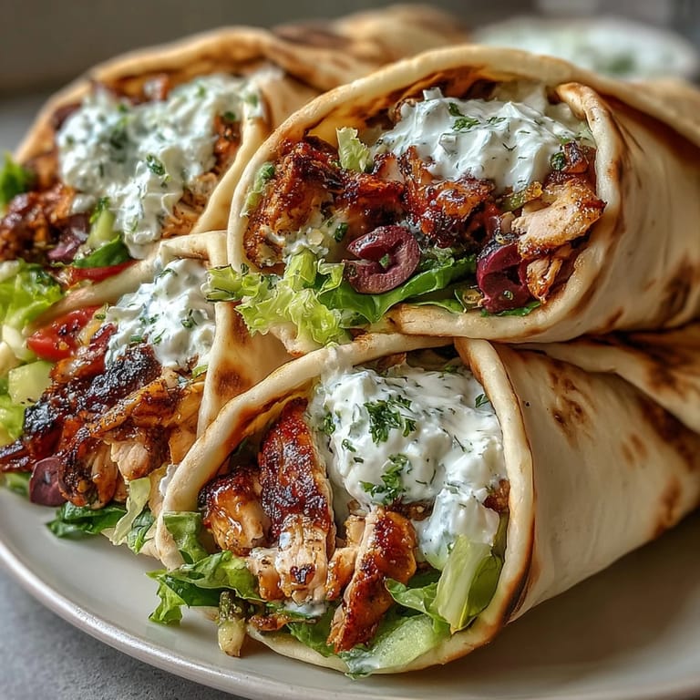 Sizzling charred chicken thighs for Mediterranean Chicken Gyros sit beside cool tzatziki, diced tomatoes, olives, and red onion on soft pita.