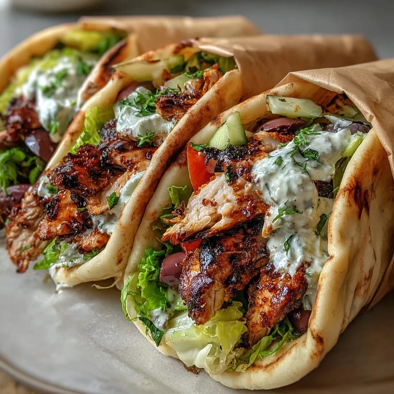 A close-up of Mediterranean Chicken Gyros shows juicy chicken, creamy feta tzatziki, and crisp lettuce spilling from toasted pita bread.