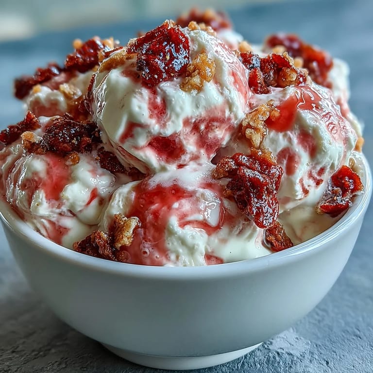 Greek yogurt swirls with strawberry flavor, topped with crunchy banana chips for a refreshing frozen treat.