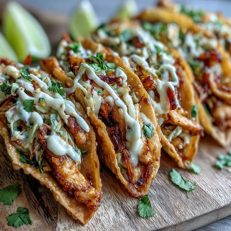Close-up of Crispy Chicken Wonton Tacos showing tender chicken strips, shredded cabbage, carrots, and fresh green onions garnish.