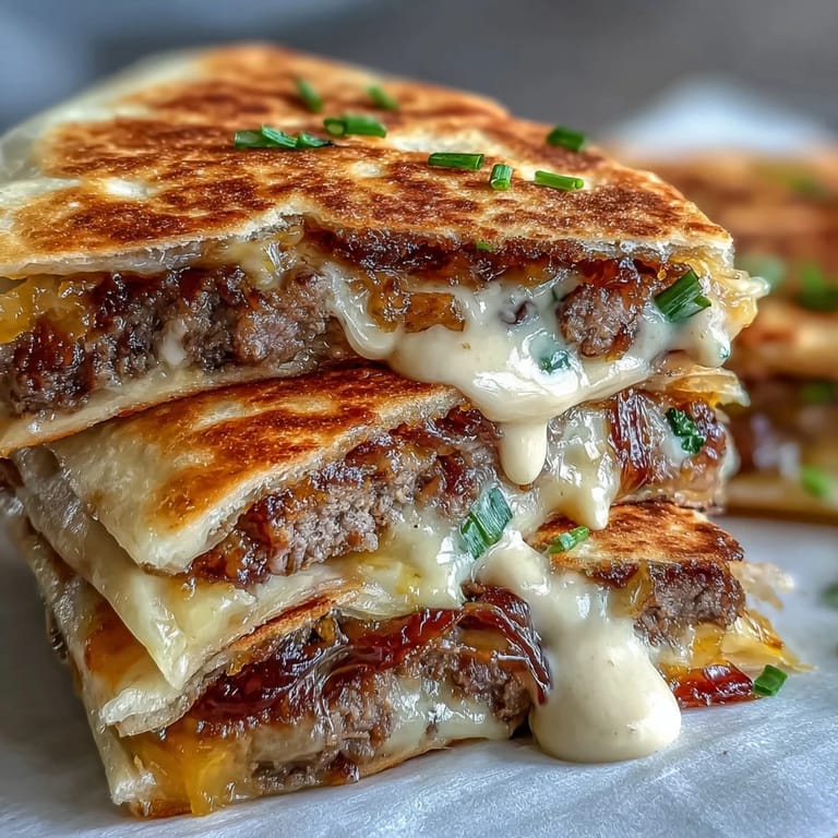 A hand dipping a wedge of Cheesy Griddled Smashburger Quesadillas into a punchy mayo-mustard sauce beside a burger press.