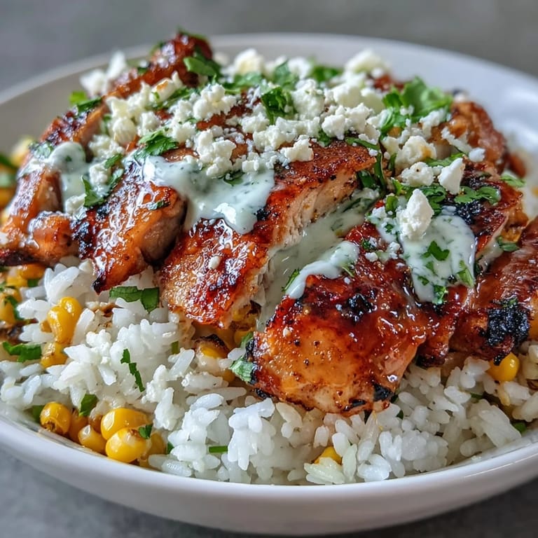 A vibrant Street Corn Chicken and Rice Bowls garnished with cilantro, jalapeños, and fresh lime wedges.