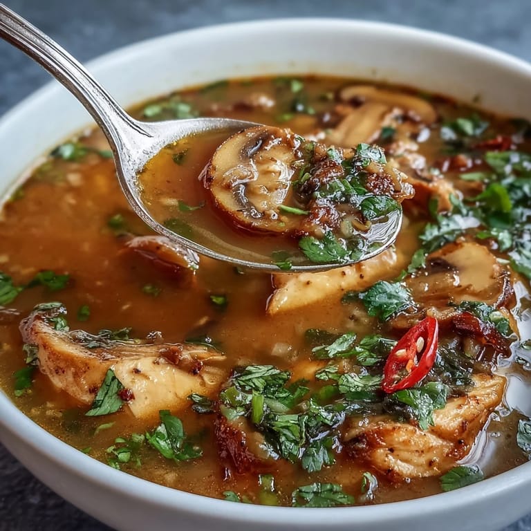 Vibrant Thai coconut curry soup featuring juicy chicken, earthy mushrooms, and sweet carrots in a rich, spicy coconut milk base with aromatic herbs.  