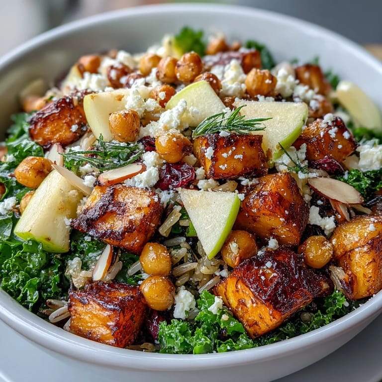 Colorful and hearty vegetarian bowl with roasted vegetables, wild rice, toasted almonds, and tangy feta, perfect for a healthy lunch or dinner.