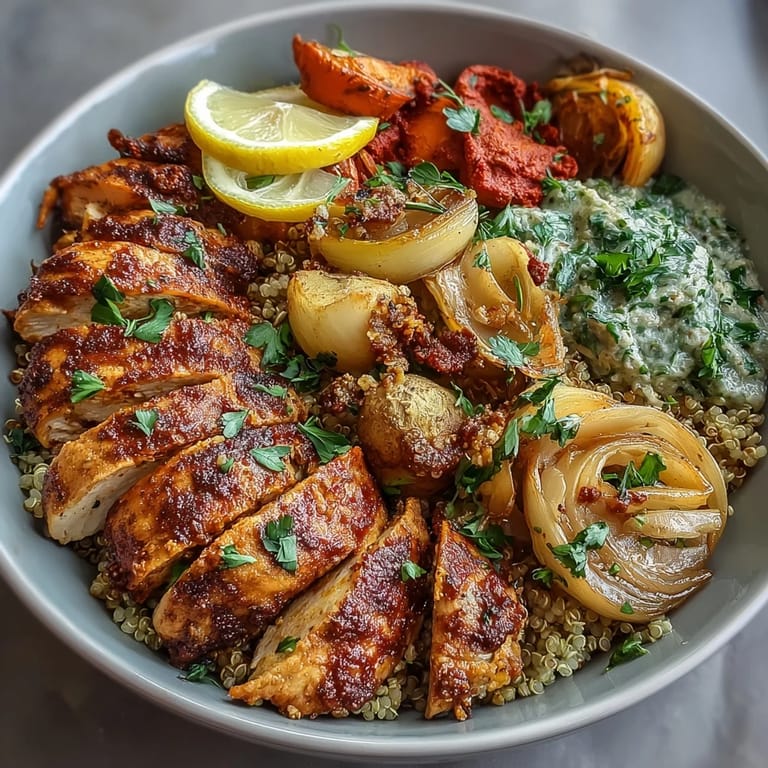 Juicy seared chicken breast atop fluffy quinoa and colorful roasted bell peppers, zucchini, and onion in this nourishing bowl.  