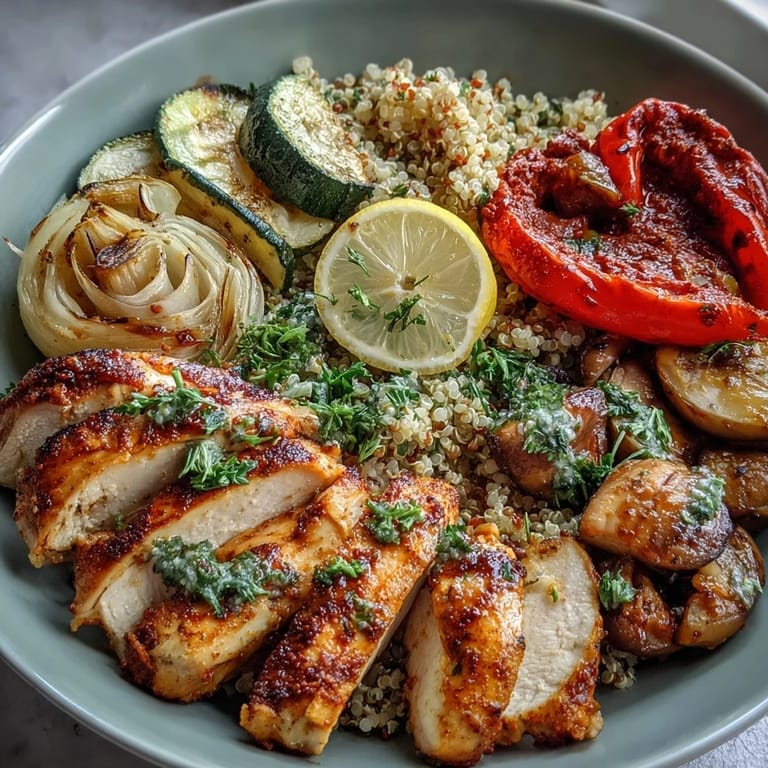 Wholesome quinoa bowl featuring tender paprika-seasoned chicken, caramelized vegetables, and a dollop of Greek yogurt with fresh parsley.