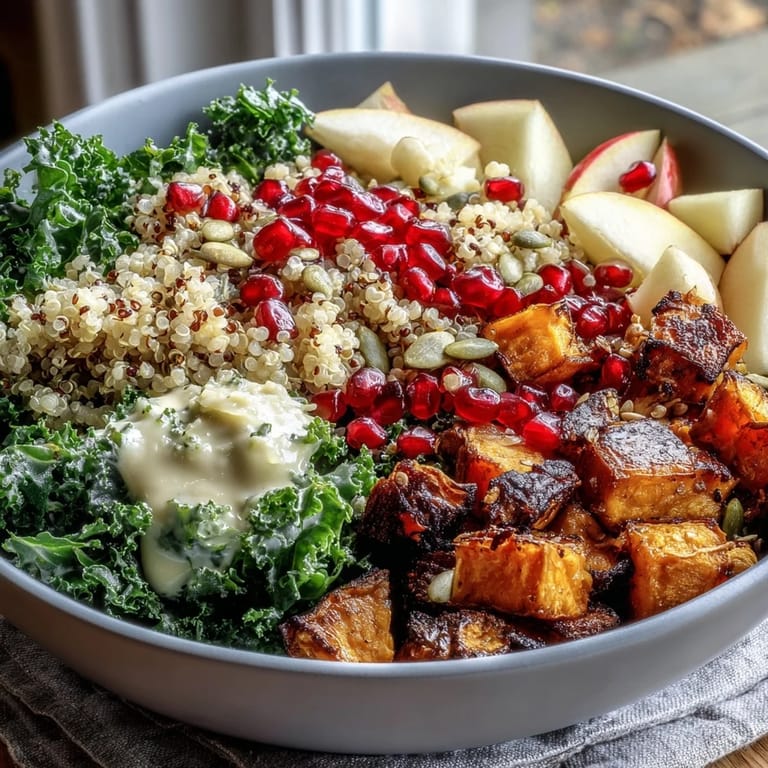 Vibrant vegetarian grain bowl featuring massaged kale, fluffy quinoa, and roasted sweet potatoes, garnished with juicy pomegranate and crunchy pepitas for texture.  