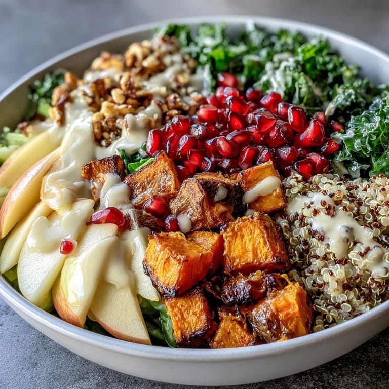 Nutritious Kale Harvest Grain Bowl layered with hearty quinoa, tender sweet potatoes, fresh apple, and tangy dressing, perfect for a healthy lunch or dinner.