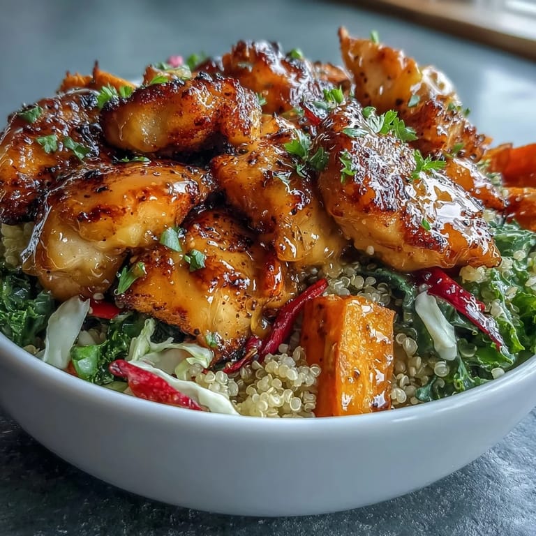 Flavorful hot honey chicken bowl layered with roasted sweet potatoes, quinoa, and tangy cabbage slaw, topped with a zesty mustard glaze.