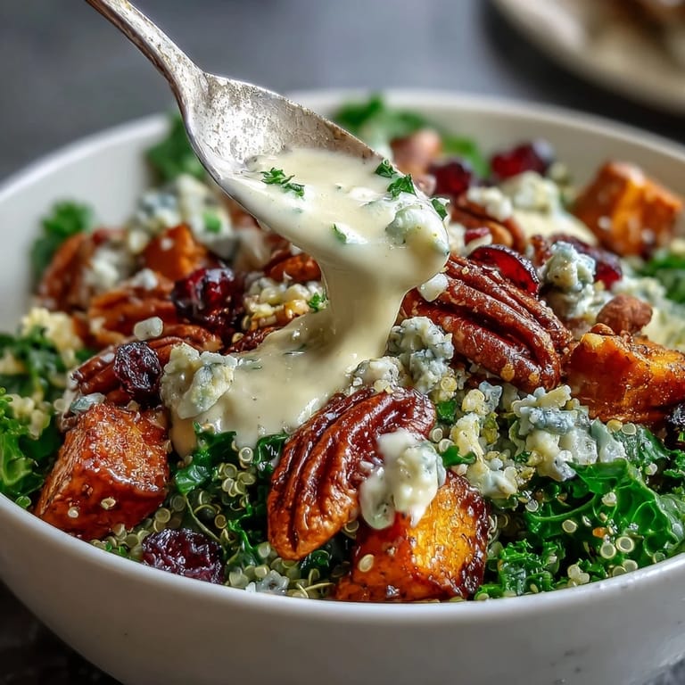 Wholesome vegetarian quinoa bowl with massaged kale, tender roasted sweet potatoes, dried cranberries, blue cheese, and creamy lemon tahini dressing.