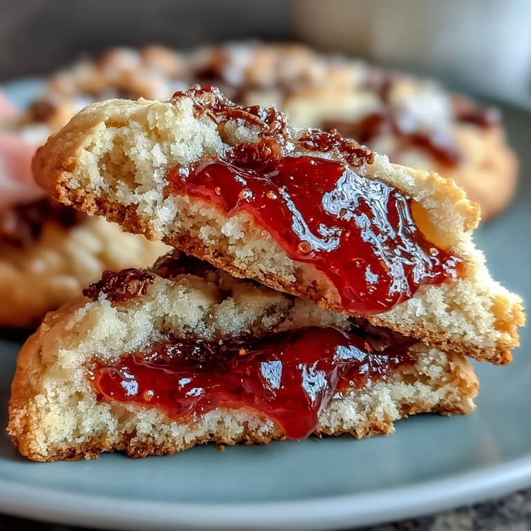 Buttery thumbprint cookies filled with homemade strawberry jam, offering a delightful blend of sweetness and tartness in every bite.