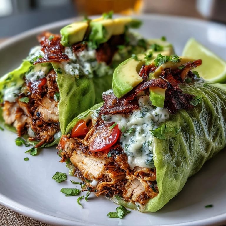 Juicy turkey taco filling wrapped in crunchy lettuce leaves, topped with diced avocado and lime for a refreshing, low-carb dinner.  