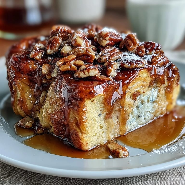 Golden pancake casserole with a rich maple syrup swirl, baked until fluffy and perfect for a cozy morning meal.