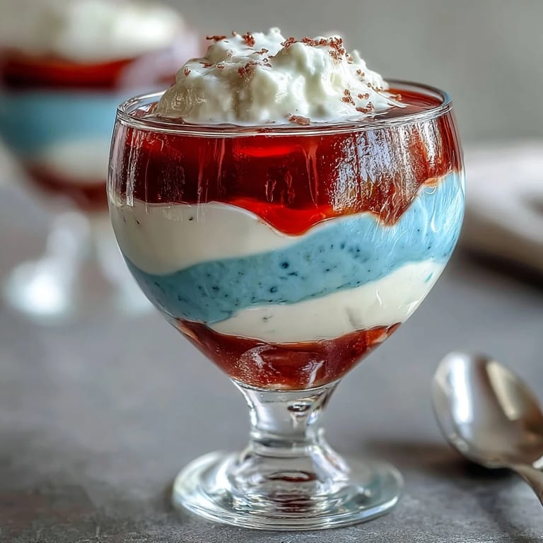 Patriotic red, white, and blue Jello cups, each layer shimmering in clear glasses, topped with fresh berries.