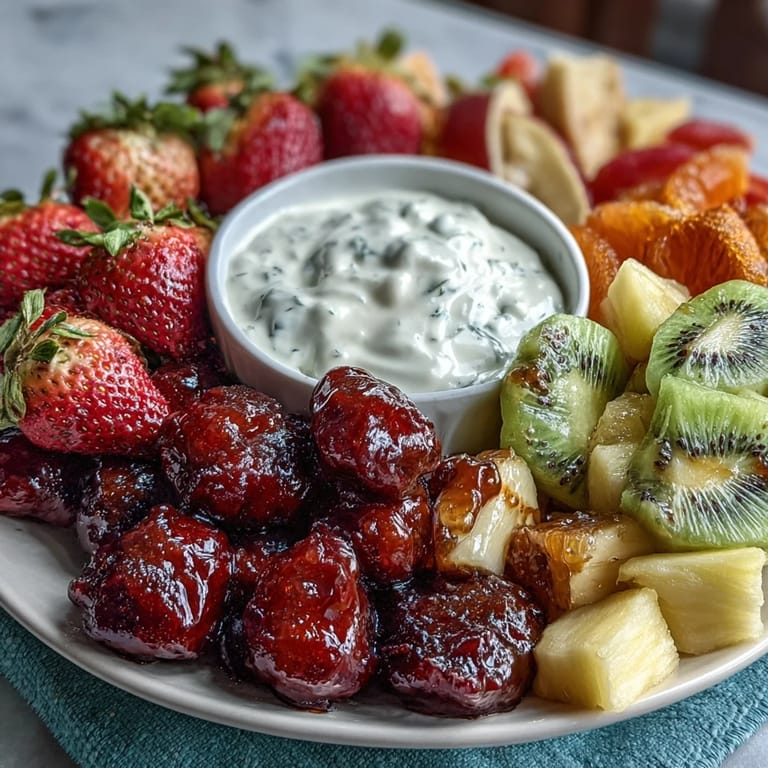 Fresh seasonal fruits arranged artfully on a platter, paired with smooth vanilla yogurt dip for a refreshing appetizer.