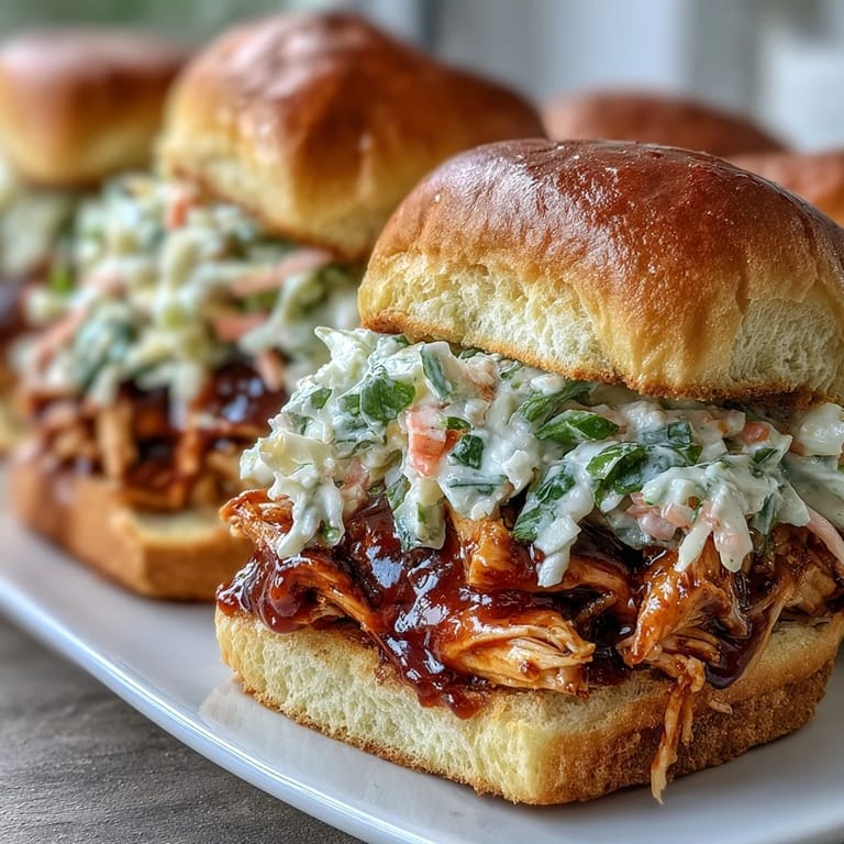 Festive BBQ chicken sliders piled high with tangy coleslaw, ready for summer cookouts and celebrations.  