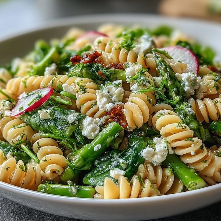Vibrant Spring Pasta Salad with Lemon Vinaigrette and Radishes - Fresh baby spinach and vibrant vegetables mingle with al dente pasta in a zesty lemon vinaigrette, topped with herbs and optional cheese.