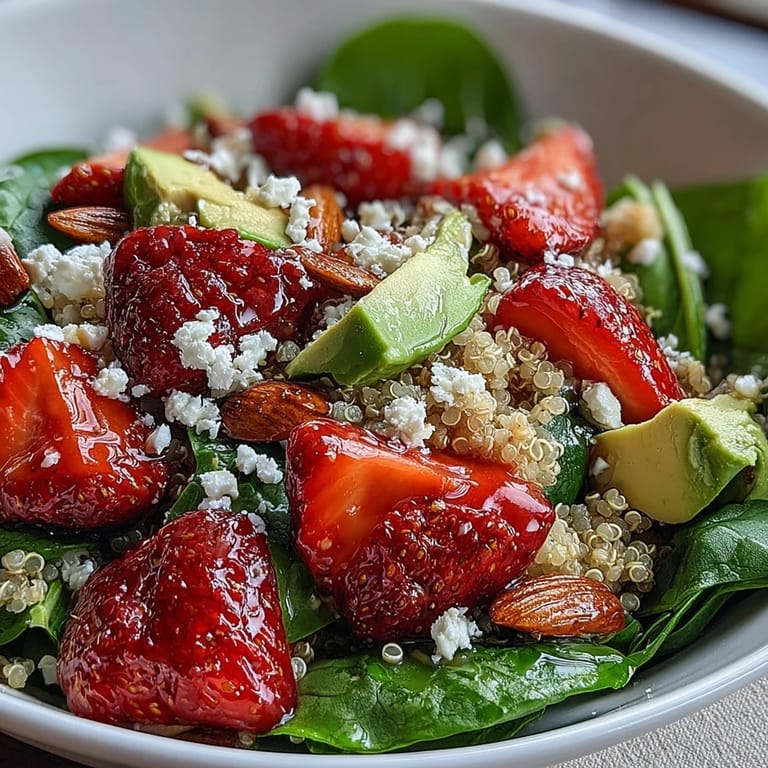Healthy strawberry avocado quinoa bowl with zesty lemon-honey dressing, featuring vibrant produce and protein-rich grains for a light, nutritious meal.