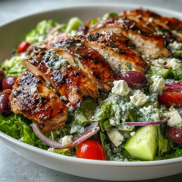 Greek Salad Bowl with Grilled Chicken: colorful bowl with grilled chicken, fresh veggies, kalamata olives, and creamy feta, drizzled in zesty Greek dressing.  