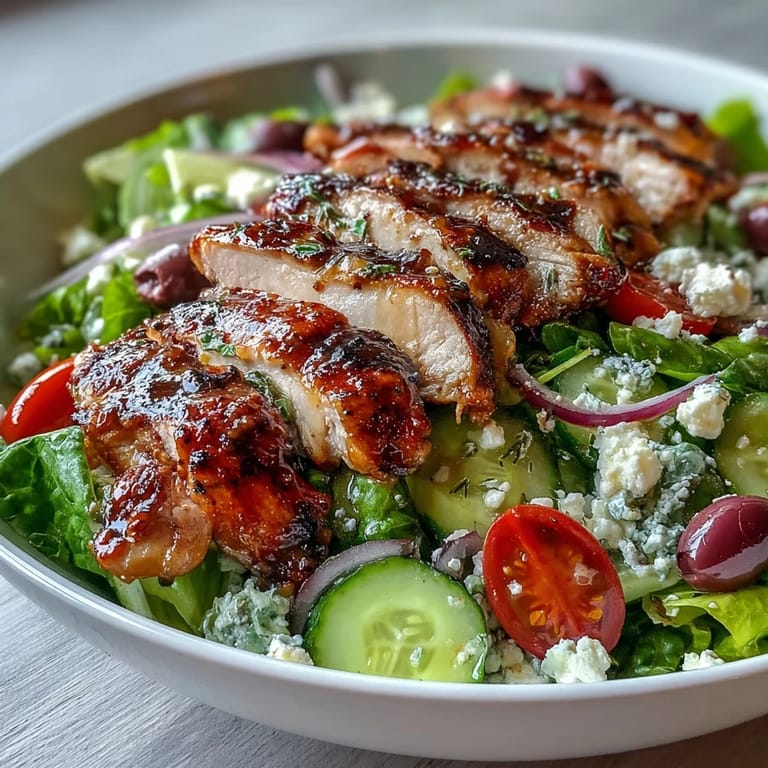 Greek Salad Bowl with Grilled Chicken: healthy and hearty, featuring tender grilled chicken on a bed of classic Greek salad with vibrant vegetables.