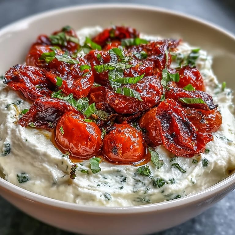 Velvety feta cheese dip blended smooth and topped with sweet, caramelized roasted cherry tomatoes—perfect party snack.  