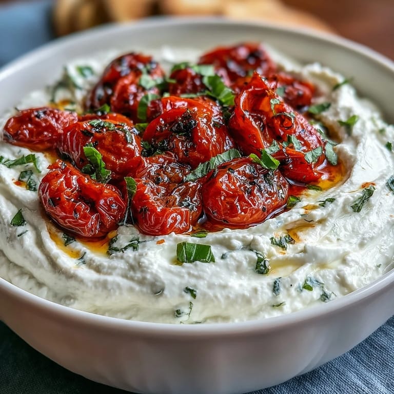 Tangy whipped feta cheese base crowned with blistered cherry tomatoes, fresh herbs, and a drizzle of extra-virgin olive oil.