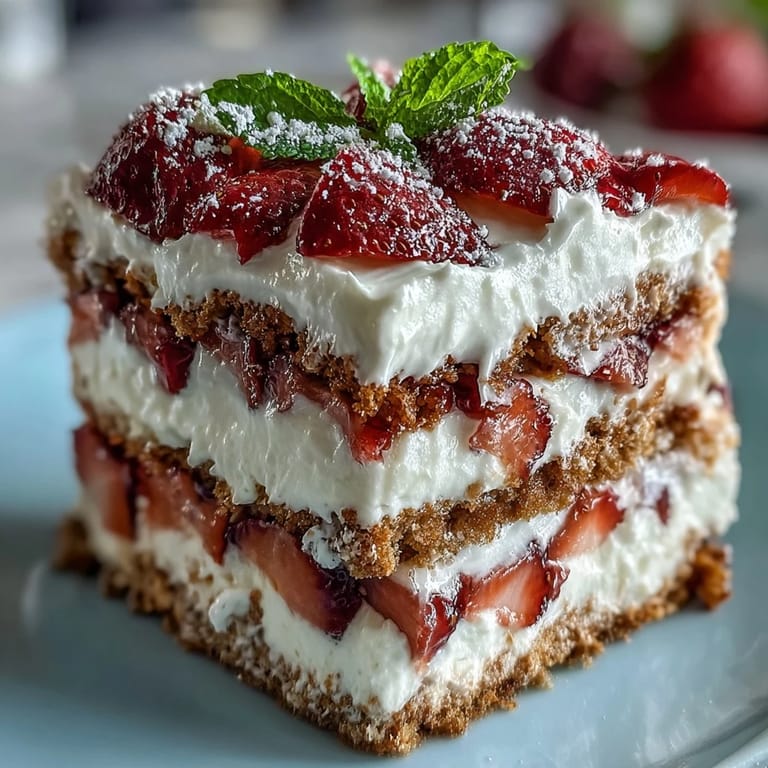 Refreshing no-bake icebox cake featuring creamy whipped cream and strawberries.