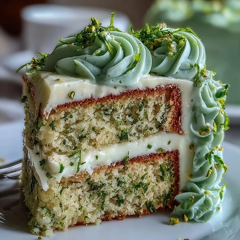 Close-up of a delicious Spring Birthday Lemon Pistachio Layered Cake ready to serve.